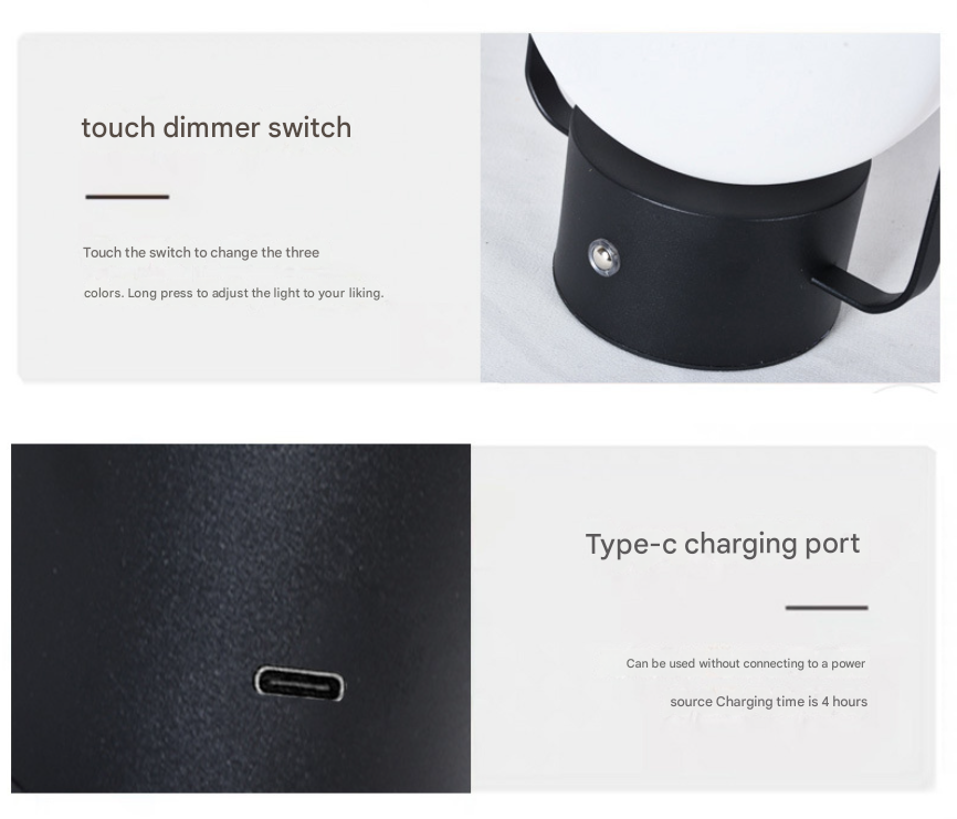 White Portable Rechargeable LED Lantern Lamp - Touch Control 3-Color Dimmable Desk Light