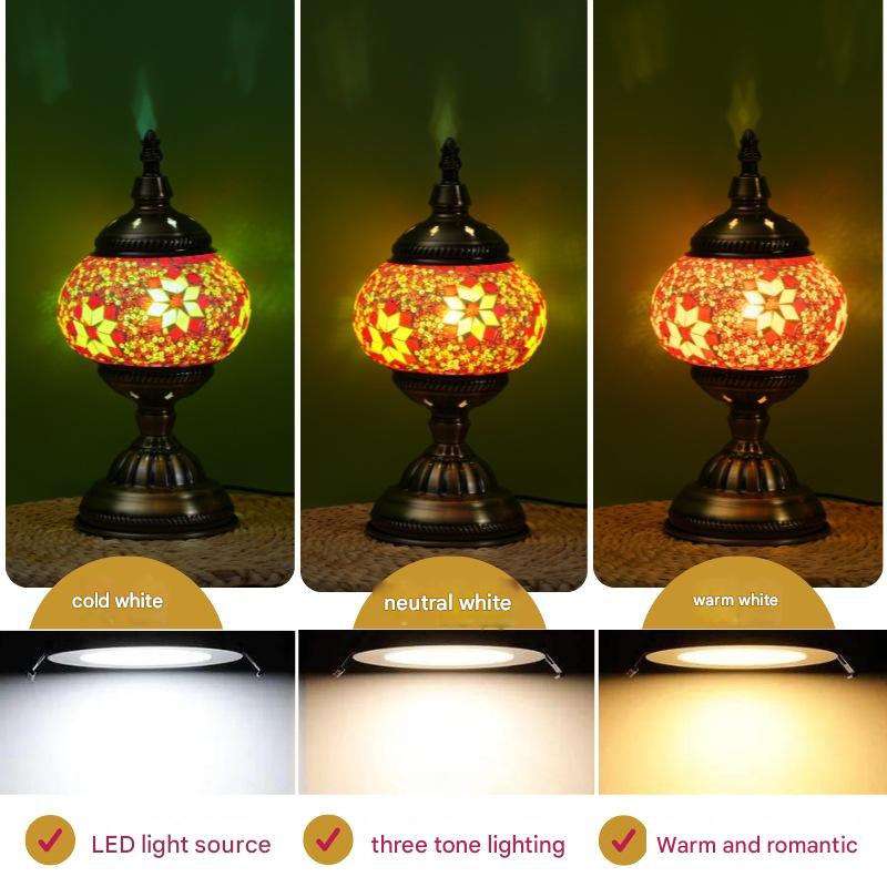 Red Exotic Mosaic Table Lamp - Handmade Turkish/Moroccan Style, 3-Color LED (Style 3)