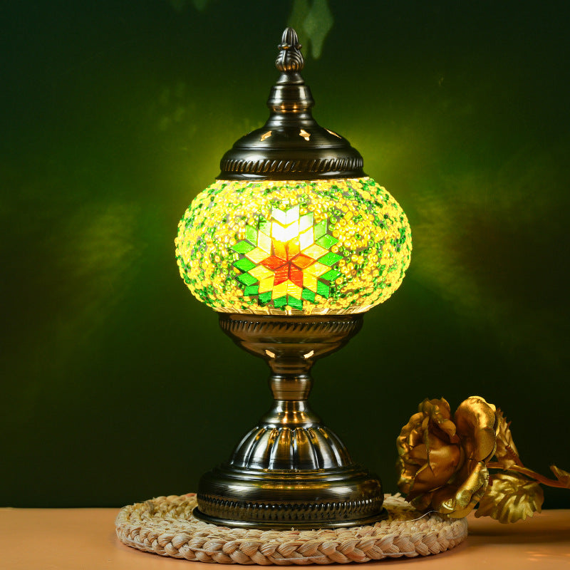 Green Exotic Mosaic Table Lamp - Handmade Turkish/Moroccan Style, 3-Color LED (Style 4)