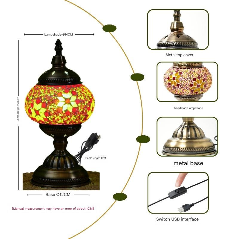 Green Exotic Mosaic Table Lamp - Handmade Turkish/Moroccan Style, 3-Color LED (Style 4)