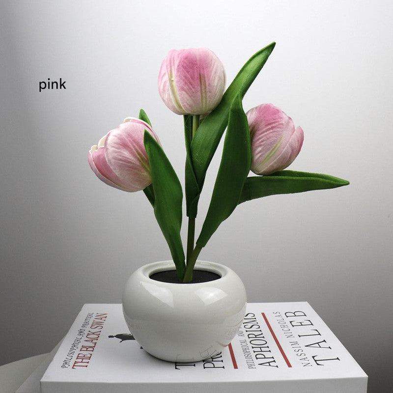 Pink Charging model Artificial Tulip Bouquet LED Light - Ceramic Pot Desk Lamp