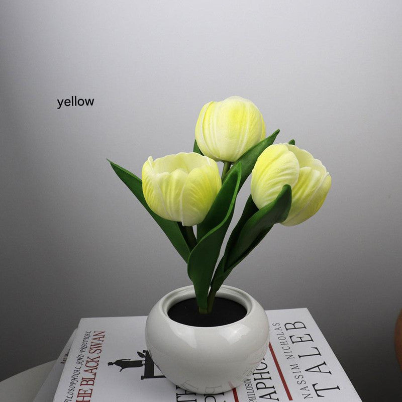 Yellow Charging model Artificial Tulip Bouquet LED Light - Ceramic Pot Desk Lamp