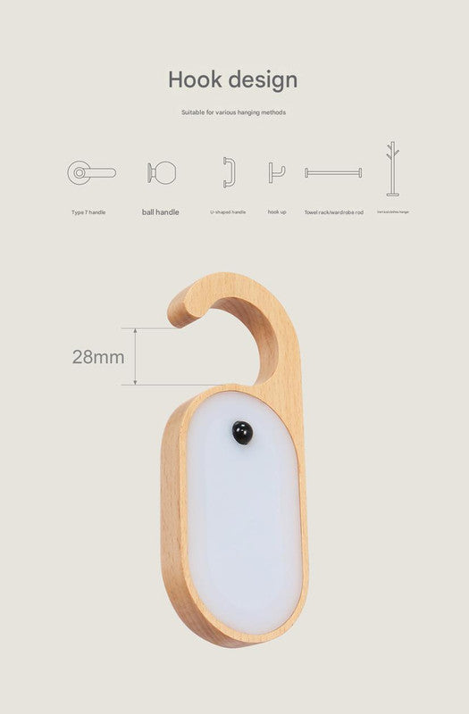 Wooden Motion Sensor LED Night Light - Doorknob Hanger & Writable Message Board
