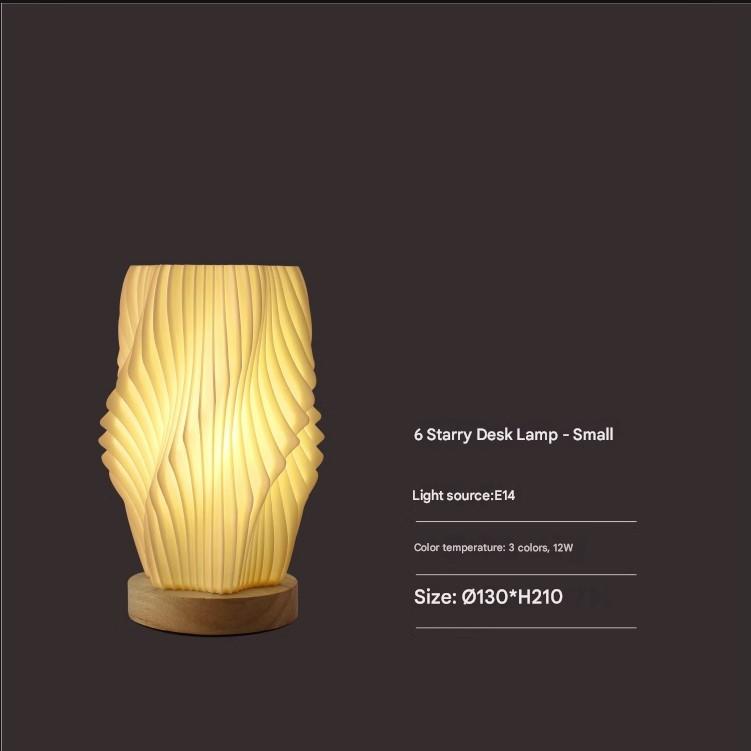 Unique Pleated Design Table Lamp - 3D Printed Washable Shade, Wooden Base, Adjustable LED (Six-star rotation)