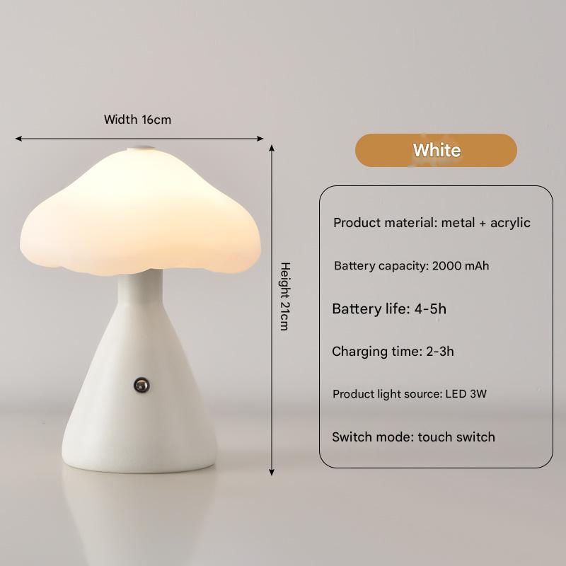 White Mushroom LED Table Lamp - Rechargeable, 3-Color Touch Dimmable, USB-C