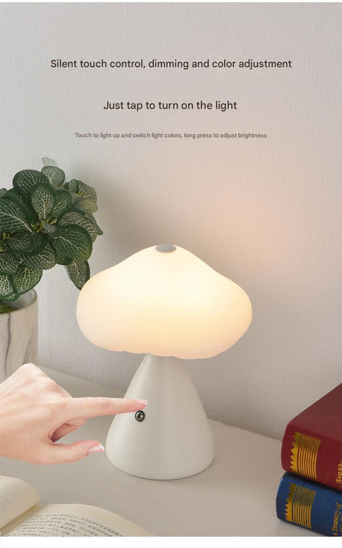 White Mushroom LED Table Lamp - Rechargeable, 3-Color Touch Dimmable, USB-C