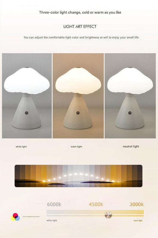 Woodgrain color Mushroom LED Table Lamp - Rechargeable, 3-Color Touch Dimmable, USB-C