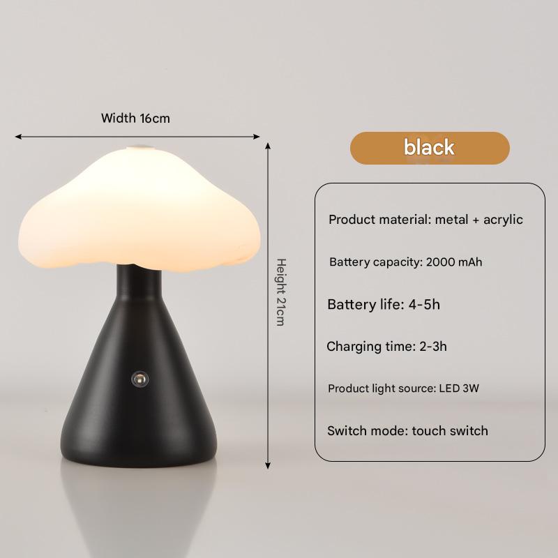 Black Mushroom LED Table Lamp - Rechargeable, 3-Color Touch Dimmable, USB-C