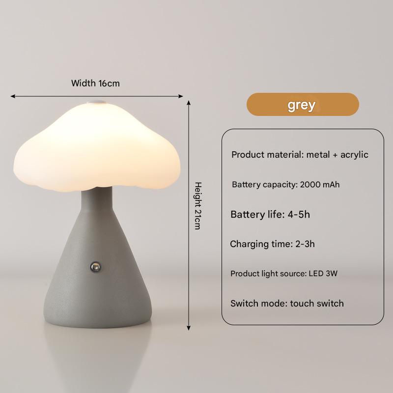 Gray Mushroom LED Table Lamp - Rechargeable, 3-Color Touch Dimmable, USB-C