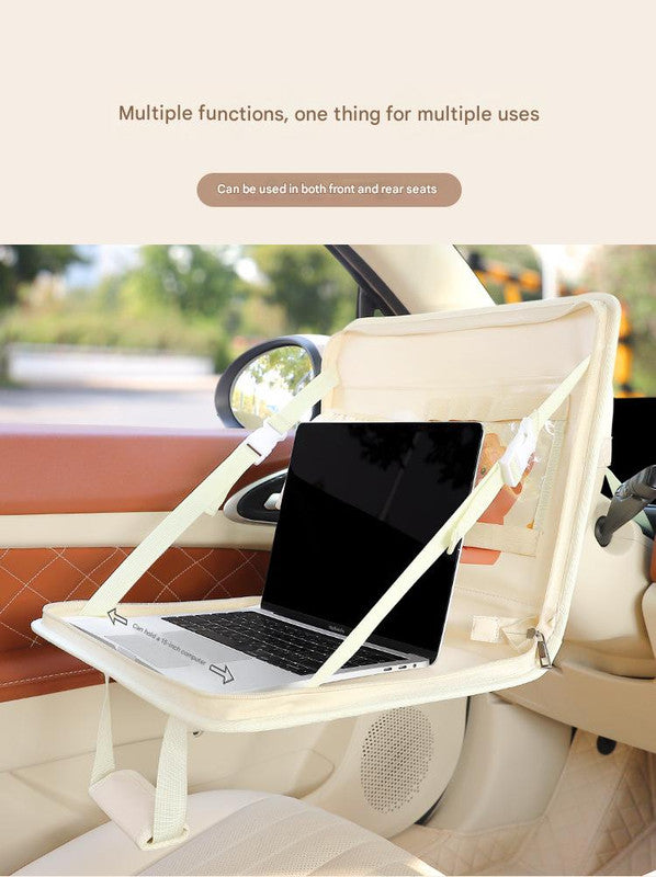 Black Foldable Car Back Seat Organizer Tray - PU Leather Travel Desk with Tablet Holder