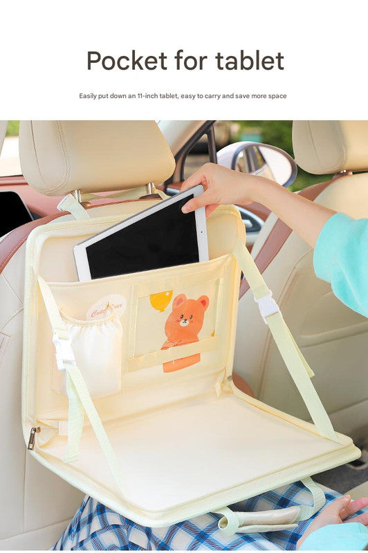 Black Foldable Car Back Seat Organizer Tray - PU Leather Travel Desk with Tablet Holder