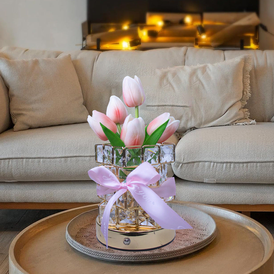 Pink Elegant Crystal Tulip LED Night Light - Rechargeable Touch Lamp with 3 Colors & Dimming