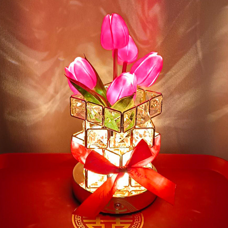 Yellow Elegant Crystal Tulip LED Night Light - Rechargeable Touch Lamp with 3 Colors & Dimming