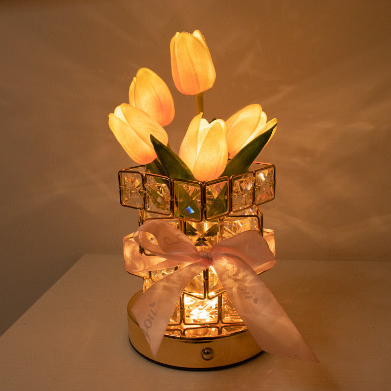 Yellow Elegant Crystal Tulip LED Night Light - Rechargeable Touch Lamp with 3 Colors & Dimming