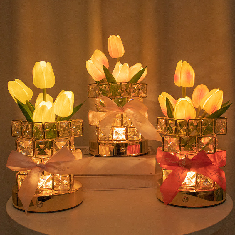White Elegant Crystal Tulip LED Night Light - Rechargeable Touch Lamp with 3 Colors & Dimming