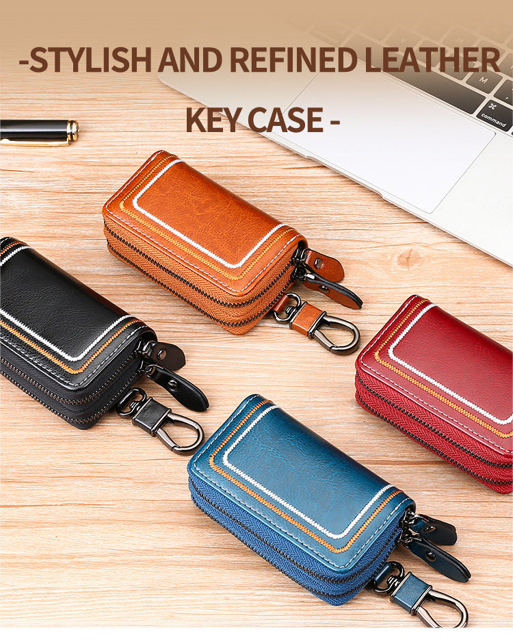 Black Premium Genuine Leather Double Zipper Key Case - Car & House Key Organizer Pouch
