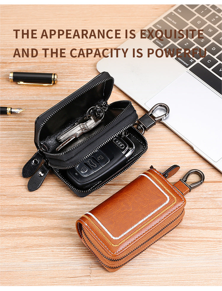 Black Premium Genuine Leather Double Zipper Key Case - Car & House Key Organizer Pouch