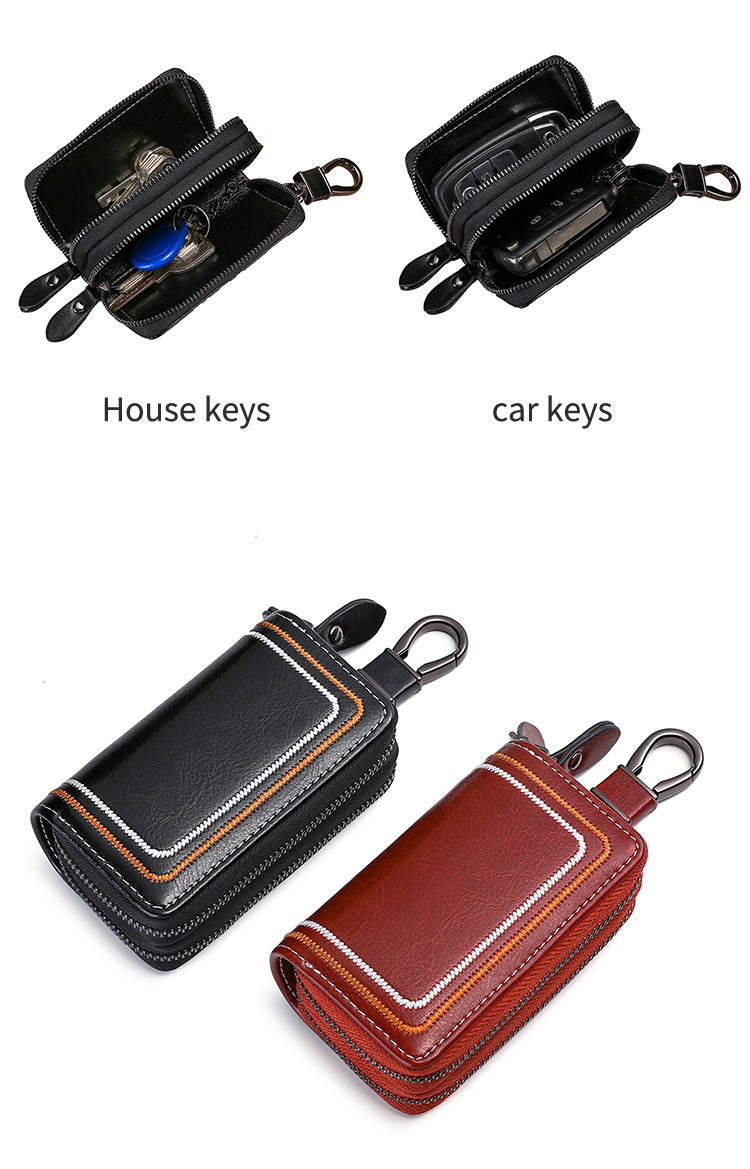 Brown Premium Genuine Leather Double Zipper Key Case - Car & House Key Organizer Pouch