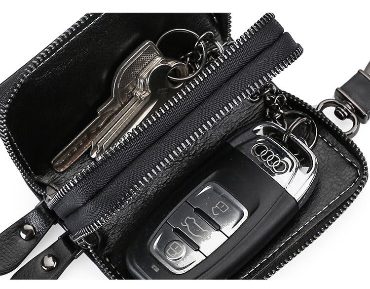 Brown Premium Genuine Leather Double Zipper Key Case - Car & House Key Organizer Pouch