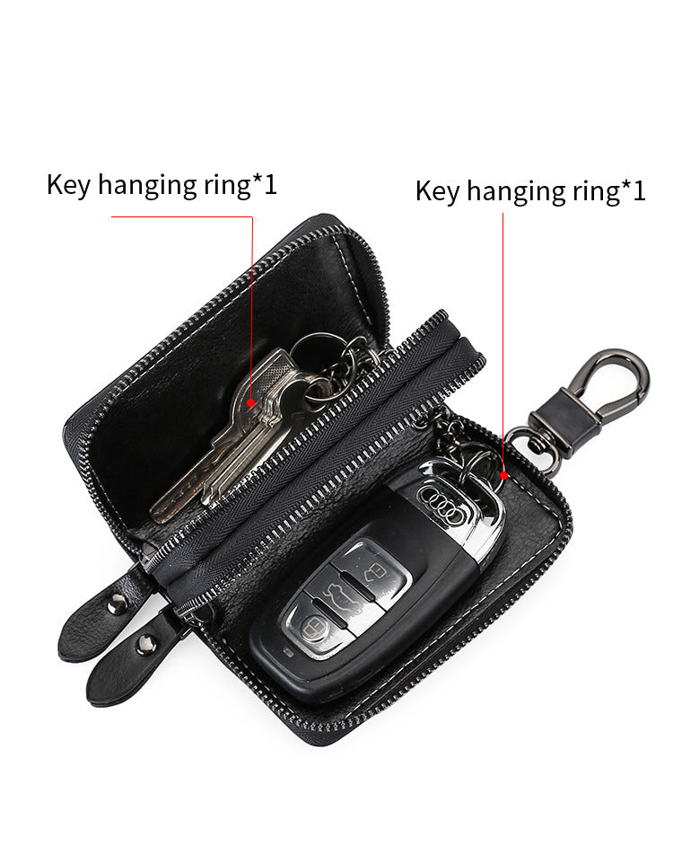 Blue Premium Genuine Leather Double Zipper Key Case - Car & House Key Organizer Pouch
