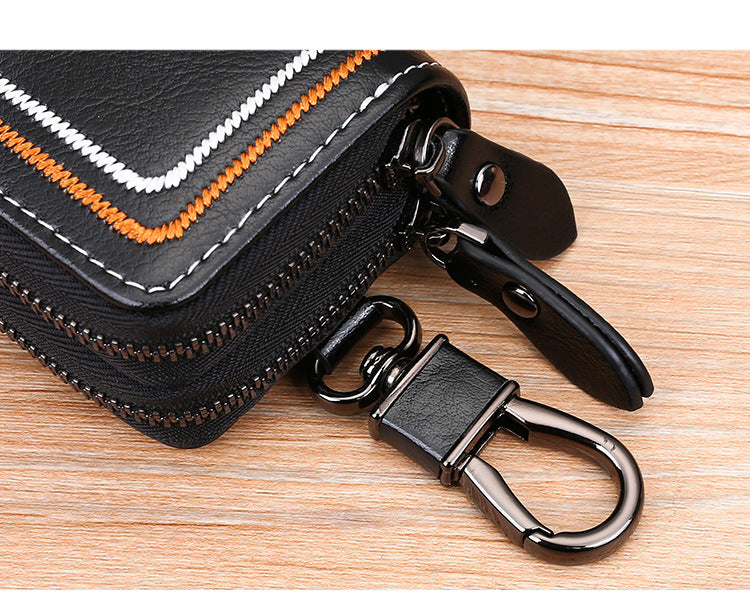 Blue Premium Genuine Leather Double Zipper Key Case - Car & House Key Organizer Pouch