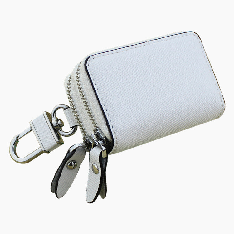 White Compact Crossgrain Leather Double Zipper Key Case - Stylish Car & Home Key Organizer