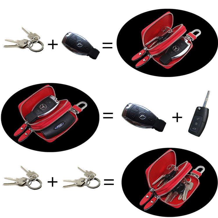 Red Compact Crossgrain Leather Double Zipper Key Case - Stylish Car & Home Key Organizer