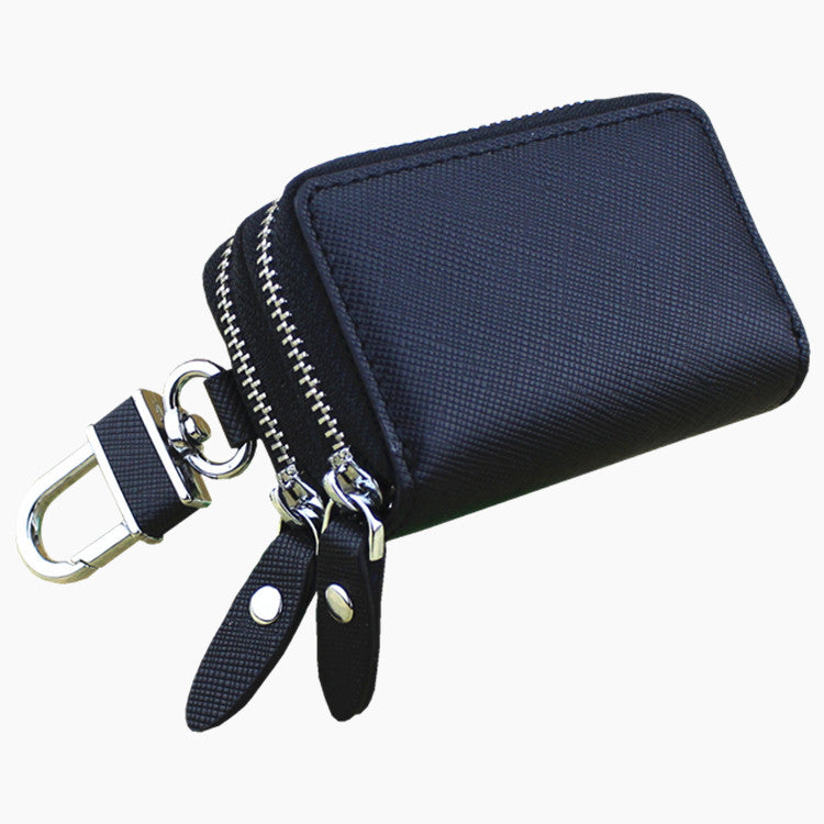 Dark Blue Compact Crossgrain Leather Double Zipper Key Case - Stylish Car & Home Key Organizer