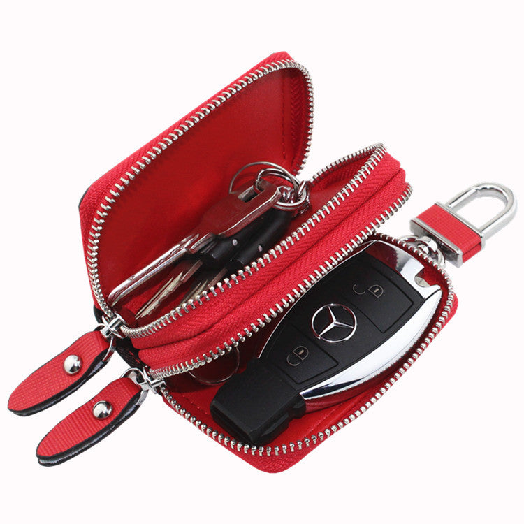 Dark Pink Compact Crossgrain Leather Double Zipper Key Case - Stylish Car & Home Key Organizer