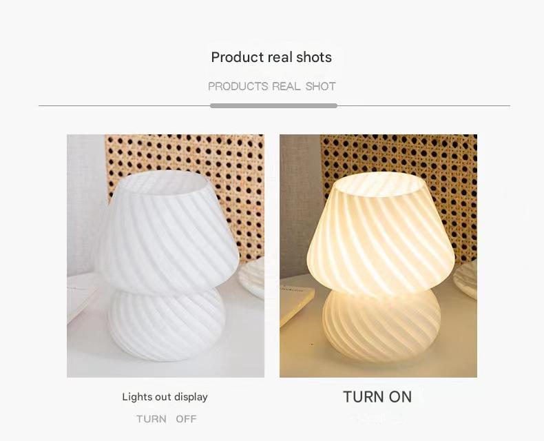 White Retro Swirl Glass Mushroom Table Lamp - USB Powered 3-Level Dimmable Bedside Accent Light