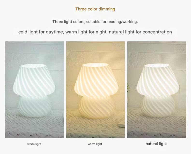 Yellow Retro Swirl Glass Mushroom Table Lamp - USB Powered 3-Level Dimmable Bedside Accent Light