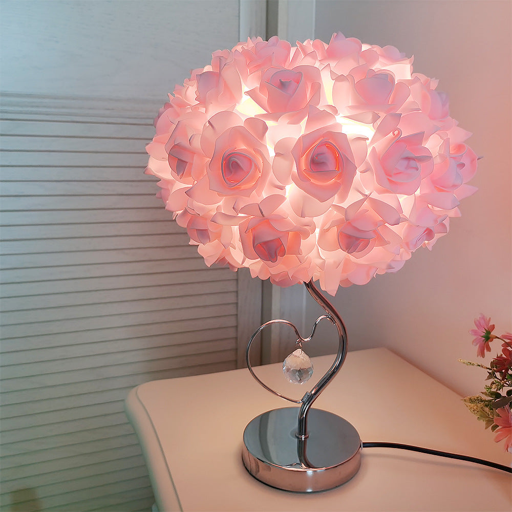 Pink Roses And Silver Base Romantic Red Rose Flower Table Lamp - Crystal Heart Accent Bedside Night Light