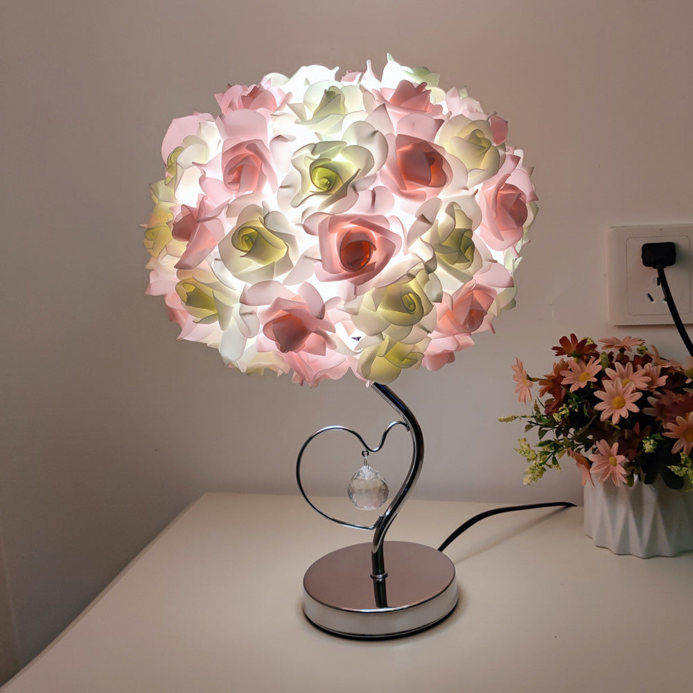 Pink Roses And Silver Base Romantic Red Rose Flower Table Lamp - Crystal Heart Accent Bedside Night Light