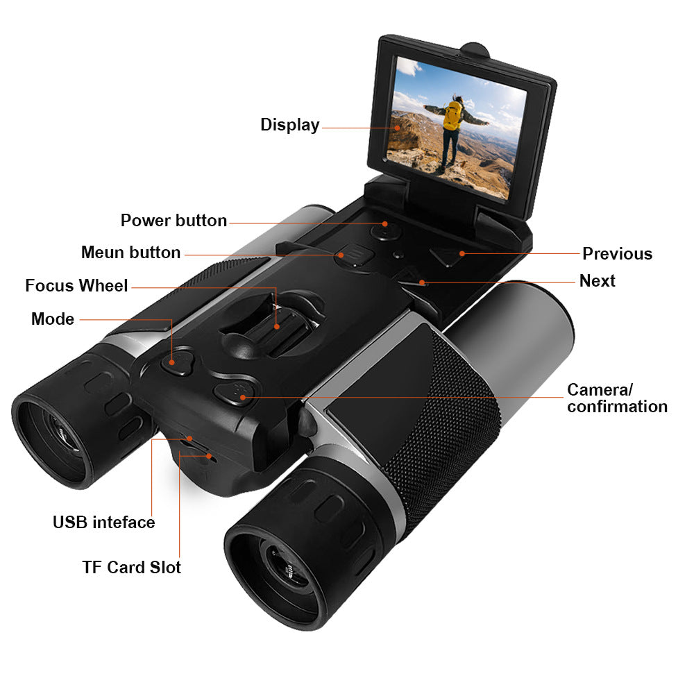 Silver and Black HD Digital Camera Binoculars 8X Zoom - Record Video & Photos with LCD Screen, Starlight Night Vision for Outdoors