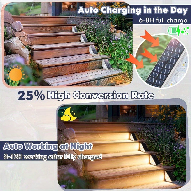 1 Piece White Bright 14-LED Solar Powered Step Lights - Automatic Outdoor Waterproof Illumination for Stairs, Deck, Pathway & Garden (Warm White)
