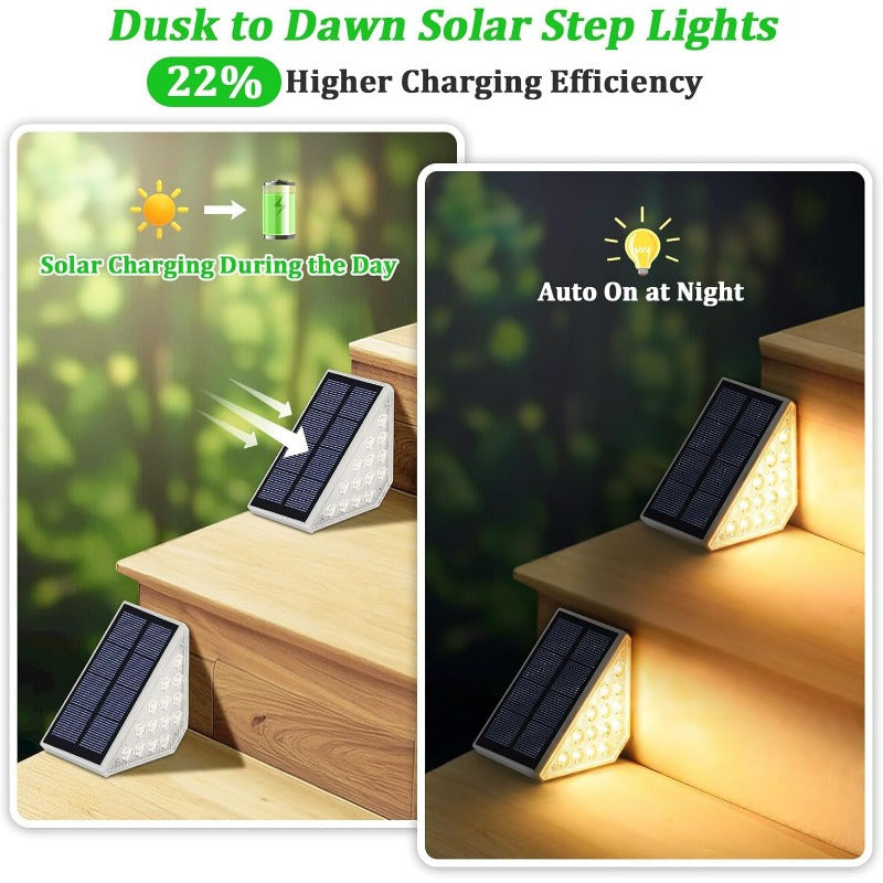 4 Pcs White Bright 14-LED Solar Powered Step Lights - Automatic Outdoor Waterproof Illumination for Stairs, Deck, Pathway & Garden (Warm White)