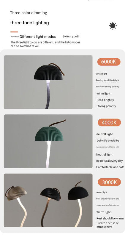 Black Sleek Minimalist LED Mushroom Table Lamp - Rechargeable 3-Color Touch Control, Bar & Ambient Light