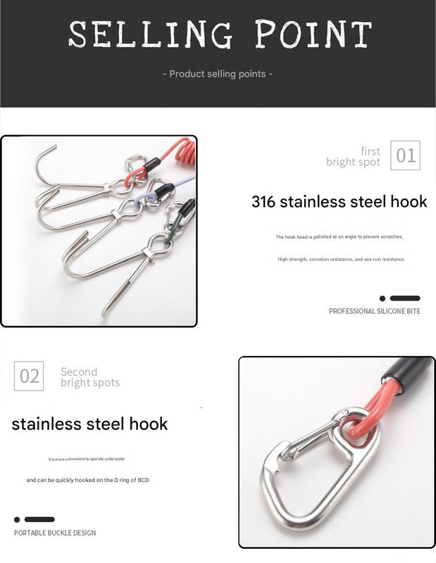 Blue Pro 316 Stainless Steel Diving Reef Hook - Single, Double Combo Pack - Current Hook with Coiled Safety Lanyard