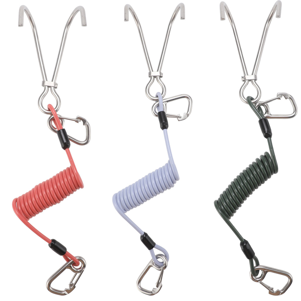 Green Pro 316 Stainless Steel Diving Reef Hook - Single, Double Combo Pack - Current Hook with Coiled Safety Lanyard