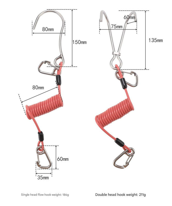 Red Pro 316 Stainless Steel Diving Reef Hook - Single, Double Combo Pack - Current Hook with Coiled Safety Lanyard