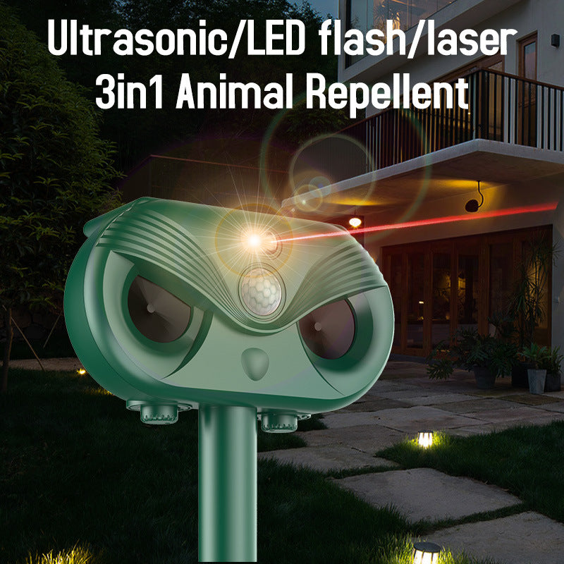 Green Advanced Solar Powered Ultrasonic Animal Repeller - Outdoor Pest Deterrent with Motion Sensor, Strobe Light & Laser