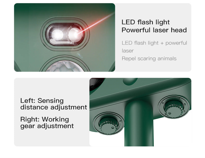 Green Advanced Solar Powered Ultrasonic Animal Repeller - Outdoor Pest Deterrent with Motion Sensor, Strobe Light & Laser