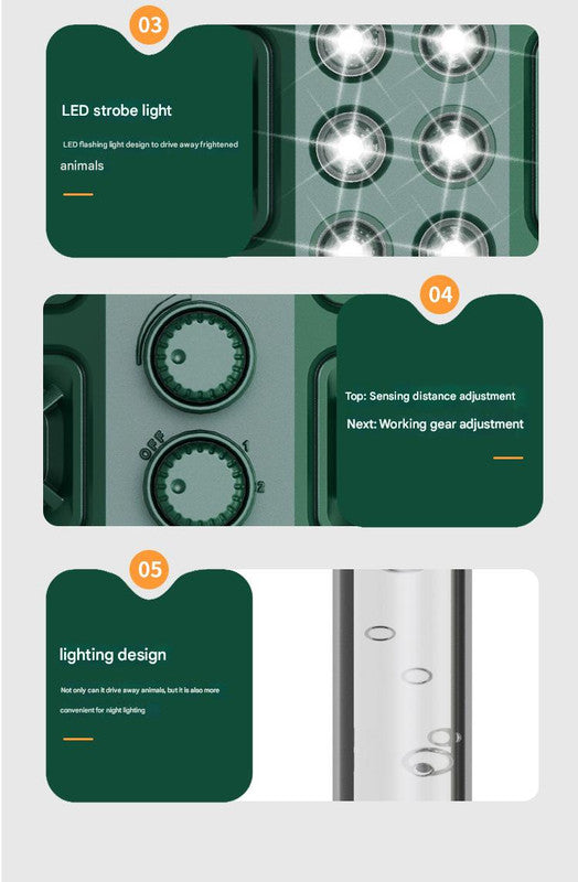 Green Solar Powered Ultrasonic Animal Repeller - Multi-Frequency Pest Deterrent with Motion Sensor, LED Strobe & Illumination Light