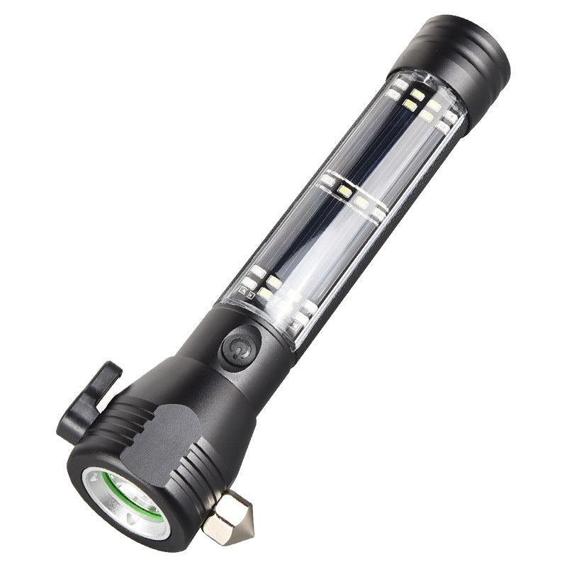 Black 8-in-1 Solar Powered Emergency Car Safety Hammer Flashlight - Window Breaker, Seatbelt Cutter, Alarm & Power Bank