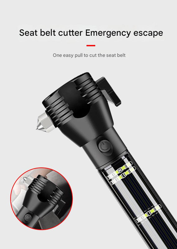Black 8-in-1 Solar Powered Emergency Car Safety Hammer Flashlight - Window Breaker, Seatbelt Cutter, Alarm & Power Bank
