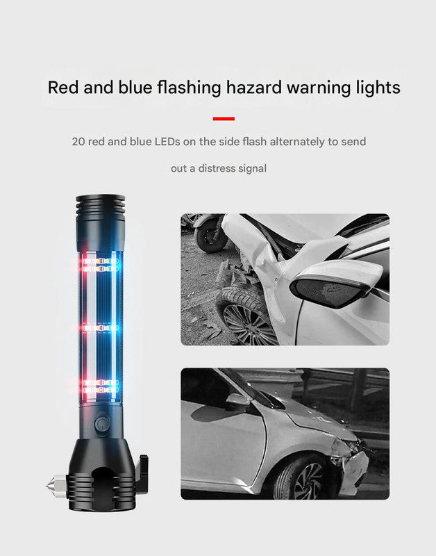 Black 8-in-1 Solar Powered Emergency Car Safety Hammer Flashlight - Window Breaker, Seatbelt Cutter, Alarm & Power Bank