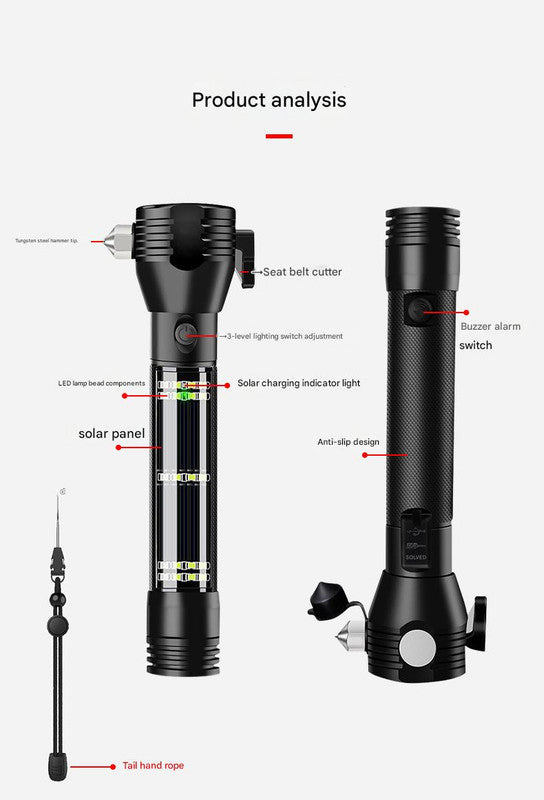 Black 8-in-1 Solar Powered Emergency Car Safety Hammer Flashlight - Window Breaker, Seatbelt Cutter, Alarm & Power Bank