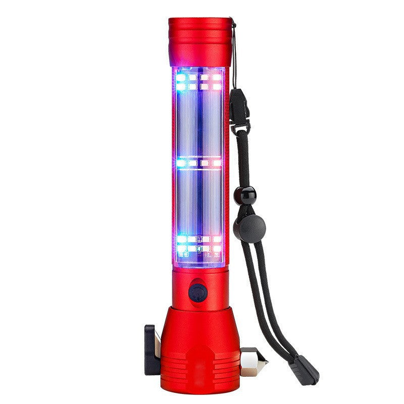 Red 8-in-1 Solar Powered Emergency Car Safety Hammer Flashlight - Window Breaker, Seatbelt Cutter, Alarm & Power Bank