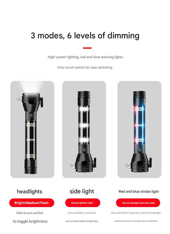 Red 8-in-1 Solar Powered Emergency Car Safety Hammer Flashlight - Window Breaker, Seatbelt Cutter, Alarm & Power Bank