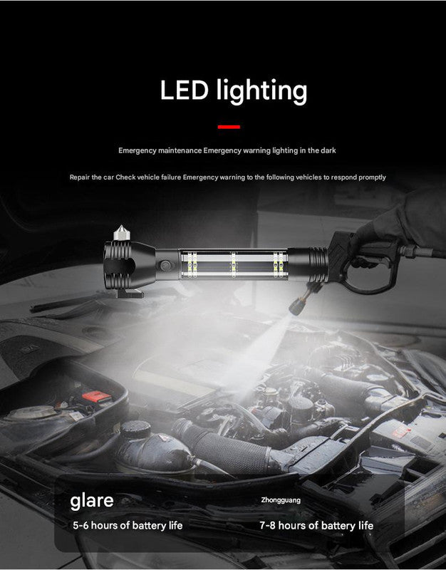 Red 8-in-1 Solar Powered Emergency Car Safety Hammer Flashlight - Window Breaker, Seatbelt Cutter, Alarm & Power Bank